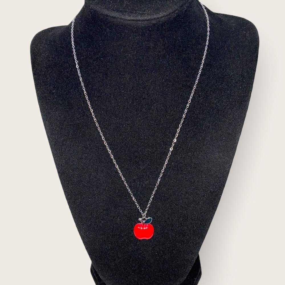 Bright Red Apple Enamel Pendant Necklace